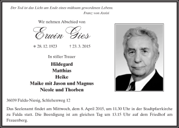 Traueranzeige von Erwin Gies 