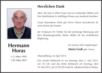Traueranzeige von Hermann Horas 