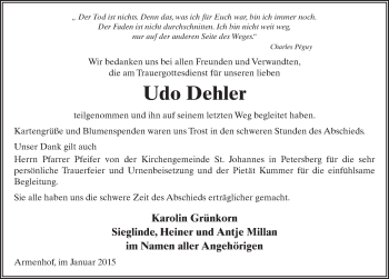 Traueranzeige von Udo Dehler 