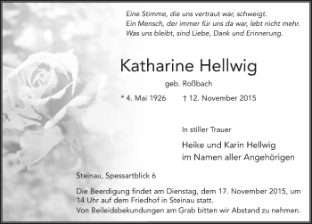 Traueranzeige von Katharine Hellwig 