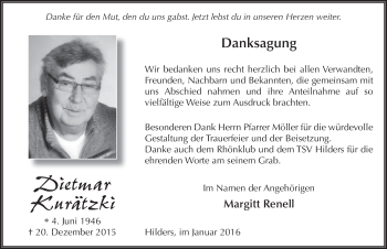 Traueranzeige von Dietmar Kurätzki 