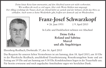 Traueranzeige von Franz-Josef Schwarzkopf 