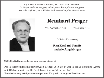 Traueranzeige von Reinhard Präger 