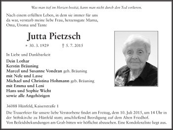 Traueranzeige von Jutta Pietzsch 