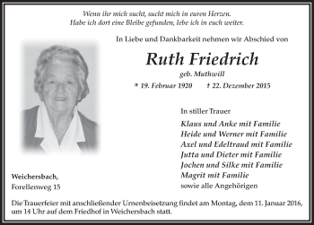 Traueranzeige von Ruth Friedrich 