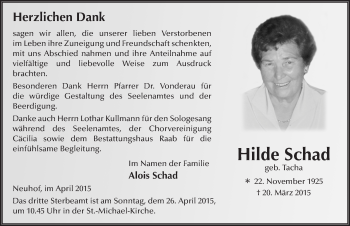 Traueranzeige von Hilde Schad 