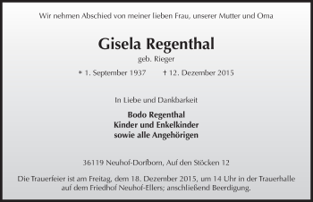 Traueranzeige von Gisela Regenthal 
