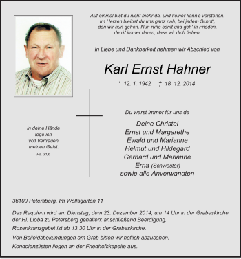 Traueranzeige von Karl Ernst Hahner 