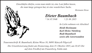 Traueranzeige von Dieter Baumbach 