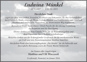 Traueranzeige von Ludwina Münkel 