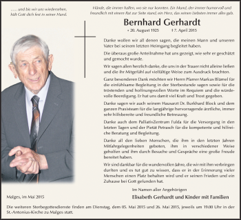 Traueranzeige von Bernhard Gerhardt 