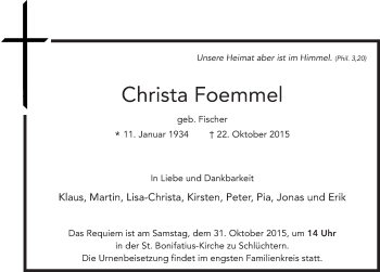 Traueranzeige von Christa Foemmel 