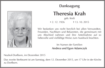 Traueranzeige von Theresia Krah 