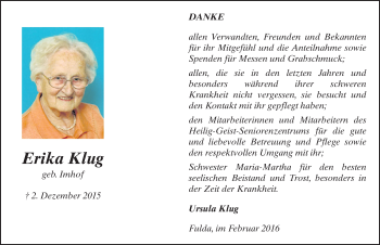 Traueranzeige von Erika Klug 