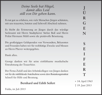 Traueranzeige von Jürgen Seifert 