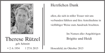 Traueranzeige von Therese Rützel 