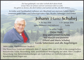 Traueranzeige von Johann Schuhej 