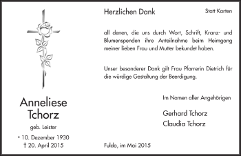 Traueranzeige von Anneliese Tchorz 