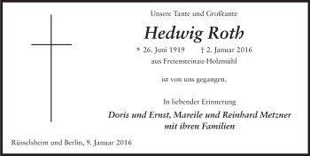 Traueranzeige von Hedwig Roth 