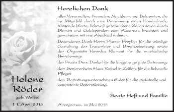 Traueranzeige von Helene Röder 