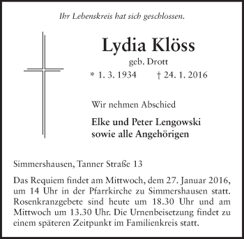 Traueranzeige von Lydia Klöss 