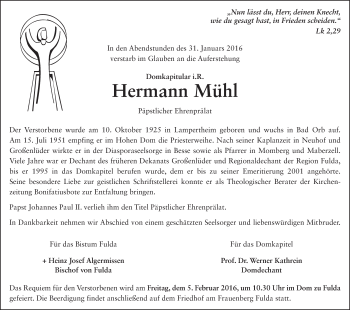 Traueranzeige von Hermann Mühl 