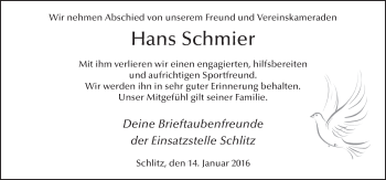 Traueranzeige von Hans Schmier 