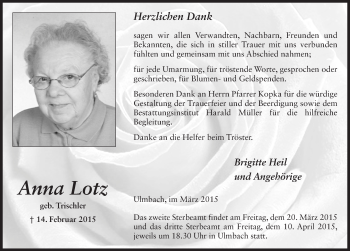 Traueranzeige von Anna Lotz 