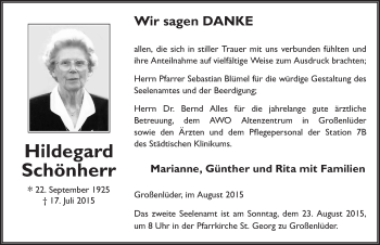 Traueranzeige von Hildegard Schönherr 