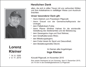 Traueranzeige von Lorenz Kleiner 