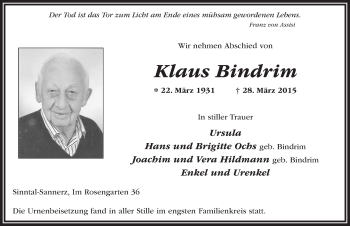 Traueranzeige von Klaus Bindrim 