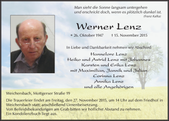Traueranzeige von Werner Lenz 