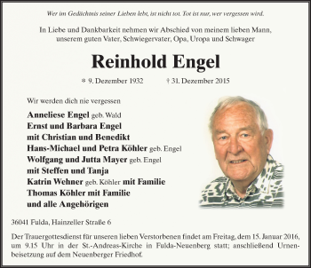 Traueranzeige von Reinhold Engel 