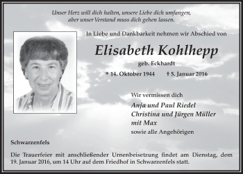 Traueranzeige von Elisabeth Kohlhepp 