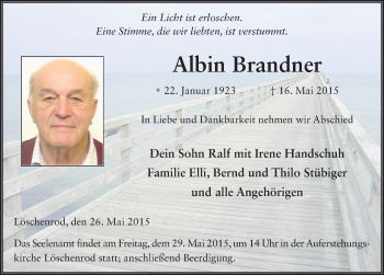 Traueranzeige von Albin Brandner 