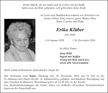 Traueranzeige von Erika Klüber 