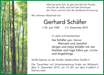 Traueranzeige von Gerhard Schäfer 
