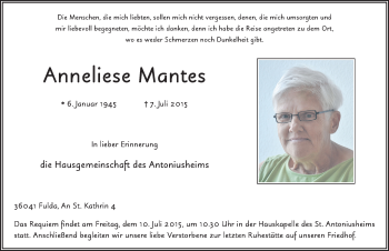 Traueranzeige von Anneliese Mantes 