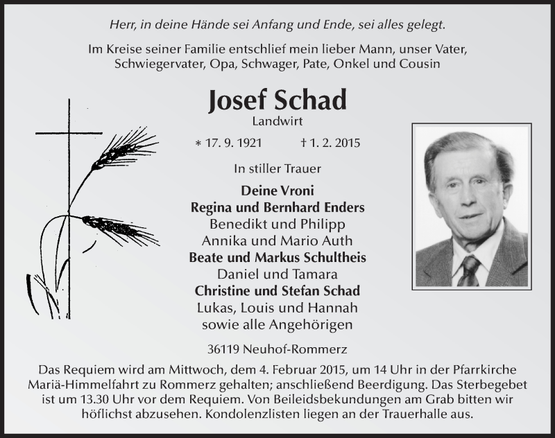  Traueranzeige für Josef Schad vom 03.02.2015 aus 