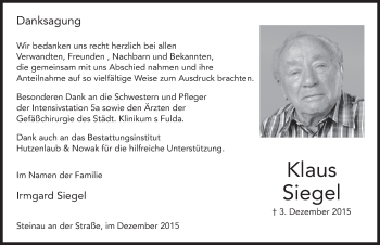 Traueranzeige von Klaus Siegel 