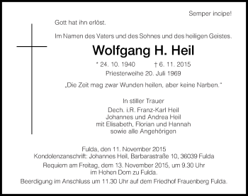 Traueranzeige von Wolfgang H. Heil 