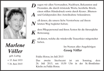 Traueranzeige von Marlene Völler 