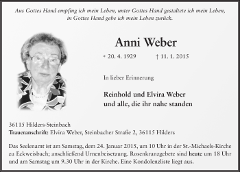Traueranzeige von Anni Weber 
