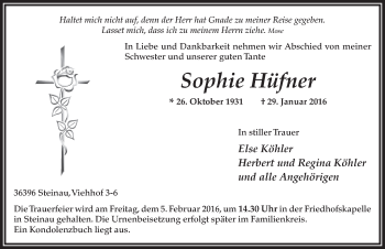 Traueranzeige von Sophie Hüfner 