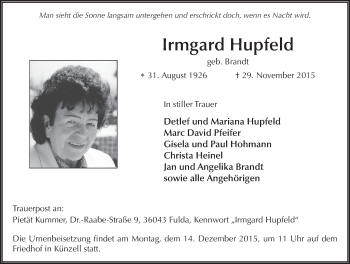 Traueranzeige von Irmgard Hupfeld 