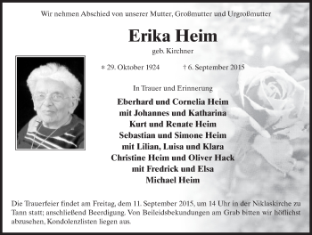Traueranzeige von Erika Heim 
