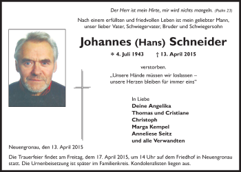 Traueranzeige von Johannes Schneider 