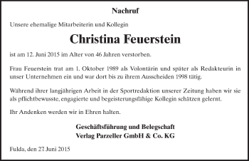Traueranzeige von Christina Feuerstein 
