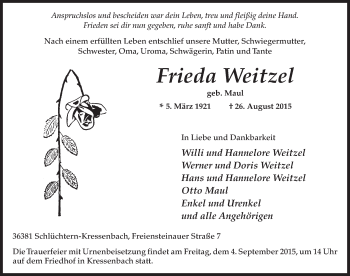Traueranzeige von Frieda Weitzel 