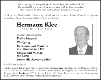 Traueranzeige von Hermann Klee 